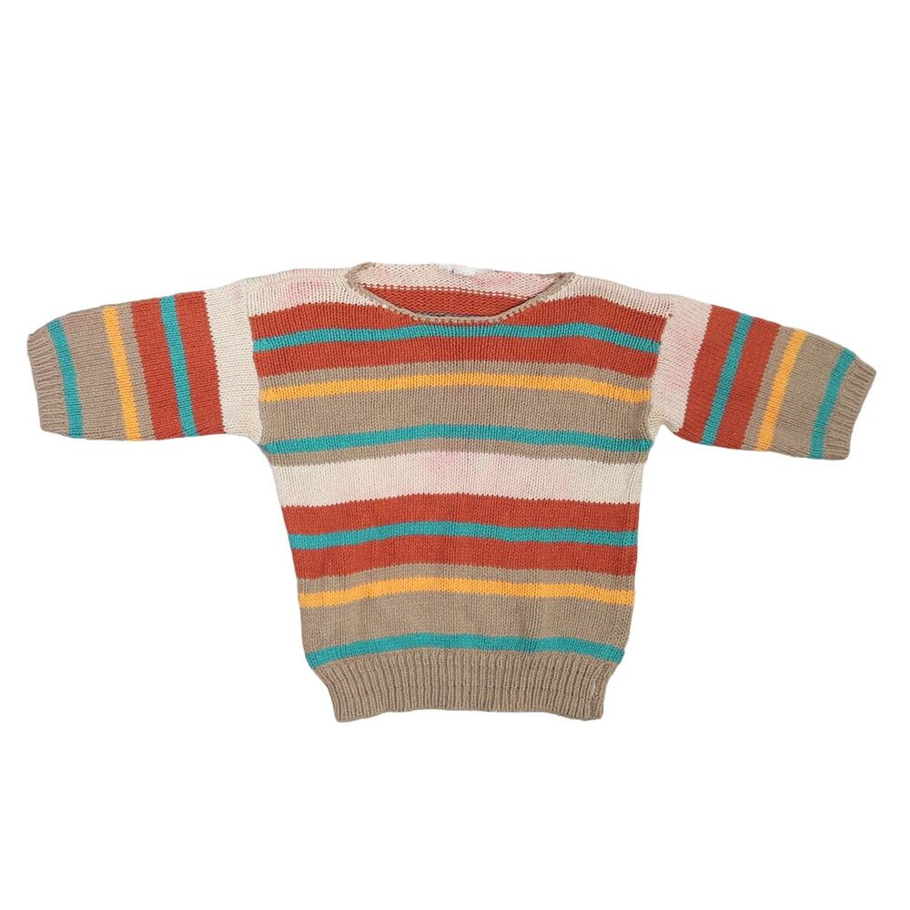 Vintage 90s tan and rust multicolor stripe knit short sleeve sweater S - Picture 5 of 6